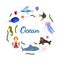 Design template with sea animal in circle for kid print. Round composition of marine animals, squid and shark, jellyfish