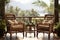 Design a tranquil outdoor scene featuring a rattan patio set placed on a wooden deck in a sunlit garden.