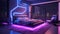 Design an ultra-modern luxury neon bedroom with sleek, futuristic furnishings, and neon lights casting a vibrant, colorful glow