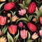 Design of watercolored seamless green tulip pattern with leaves