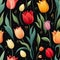 Design of watercolored seamless green tulip pattern with leaves