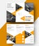 Design a white vector tri-fold brochure with yellow triangles for headlines and photos. Universal abstract template of a folding