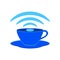 Design of wifi coffee logo on white background. Blue cup with internet. Isolated vector illustration.