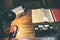 Design working office: antique table and analog telephone, lamp on table.