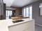 Designed kitchen with white glossy countertop and stainless steel faucet in front of kitchen island