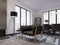 Designer black leather armchair near the dining table with chairs in the dining room. Sulfur floor lamp with sideboards for dishes