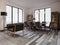 Designer black leather armchair near the dining table with chairs in the dining room. Sulfur floor lamp with sideboards for dishes