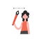 The designer girl stands waist-deep and holds a pen tool in her hands. Isolated. Element for presentations, sites