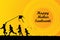 Designer illustration of happy makar sankranti with children flying kite in yellowish silhouette mandala in background