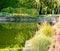 Designer landscape with lakes in a park in autumn