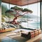 Designer Luxury Oceanfront Property Vintage Retro Mid-Century Modern Home House interior Living Room Scenic Ocean AI Generated