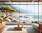 Designer Luxury Oceanfront Property Vintage Retro Mid-Century Modern Home House interior Living Room Scenic Ocean AI Generated