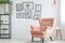 designer peach armchair in a gallerystyle white room with framed pictures