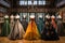 a designers studio featuring a rack of hand-stitched, high-end evening gowns