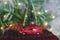 Desirable present on Christmas concept. Close up photo of small toy luxurious stylish car standing near spruce green tree