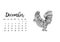 Desk calendar template for month December with doodle stylized rooster animal.