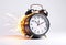 desk clock alarm clock explodes like a time bomb, fantastic style, white background