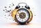 desk clock alarm clock explodes like a time bomb, fantastic style, white background