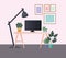 Desk with computer lamp and plants in room vector design