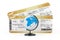 Desk Earth Globe in front of Two Golden Business or First Class Airline Boarding Pass Fly Air Tickets. 3d Rendering
