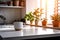 Desk of free space and kitchen interior, wooden table, kitchen window and shelves. Aesthetic photo, macro close up