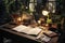 Desk With Lamp, Books, and Other Items, Immerse yourself in a writer\\\'s haven, with a desk adorned with books, a diar