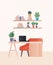 Desk with orange chair laptop and plants in room vector design