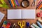 Desk, school supplies, squared paper, wooden background, copy sp