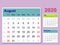 Desktop calendar template 2020 - august- isolated on color Background