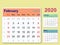 Desktop calendar template 2020 - February- isolated on color Background