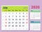Desktop calendar template 2020 - july- isolated on color Background