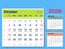 Desktop calendar template 2020 - October- isolated on color Background