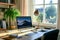 A desktop computer is placed on top of a sturdy wooden desk, providing a functional workspace, A clutter-free workspace at home