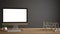 Desktop mockup, template, computer on wooden work desk with blank screen, house keys, 3D letters making the words kitchen design,