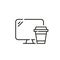 Desktop PC monitor and disposable paper cup with coffee. Pixel perfect, editable stroke icon