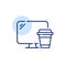 Desktop PC monitor and disposable paper cup with coffee. Pixel perfect, editable stroke line icon