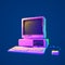 Desktop Retro PC in Pixel Art Style with a Blank Screen in Neon Lights.