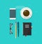 Desktop table with objects vector, table with office items, pen, pencil, glasses, notebook, coffee cup