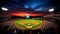 Desolate baseball stadium with an immaculate diamond field illuminated by vibrant spotlights