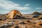 Desolate desert camping Solitary adventure amidst arid wasteland, surrounded by emptiness