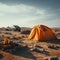 Desolate desert camping Solitary adventure amidst arid wasteland, surrounded by emptiness
