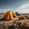 Desolate desert camping Solitary adventure amidst arid wasteland, surrounded by emptiness