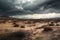 desolate desert wasteland, with storm rolling in