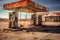 Desolate, Deserted Gas Station With Shattered Pumps And Faded Signs. Generative AI