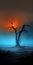 Desolate Moonglow: A digital horror painting of a lone tree silhouetted against the setting sun, with an anomalous object in the