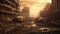 Desolate post-apocalyptic city skyline with destroyed buildings and cracked roads, generative Ai