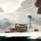 A Desolate Research Station on the Coastline of Antarctica next to High Coastline Covered with very Deep Snow