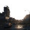 Desolate skyline ruins. City rubble and debris. Post war post apocalypse urban city. Sunset. Isolated PNG background.