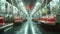 Desolate subway car with red seats and vibrant reflections on floor.