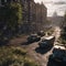 Desolate urban landscape featuring abandoned cars and crumbling buildings, AI-generated.